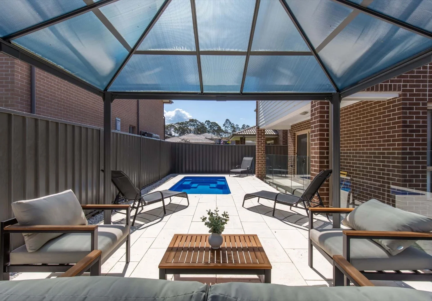 A Cleo fibreglass pool in Crystal Sapphire